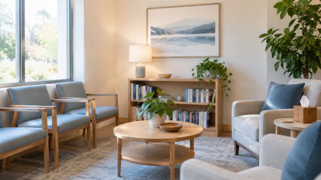 Welcoming waiting room at a family counseling office in Shrewsbury, NJ
