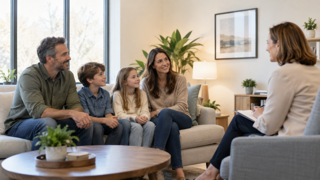 Therapist meeting with a family on a sofa during a family therapy session in Monmouth County, NJ