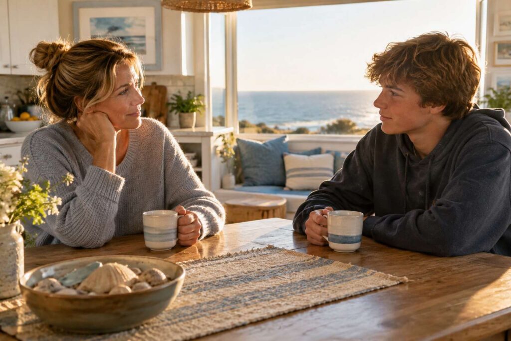 Parent and teen talking at a kitchen table, a common reason families seek counseling in Ocean County, NJ