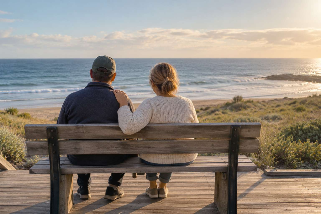 Two adults on a boardwalk bench facing the ocean, showing support during recovery