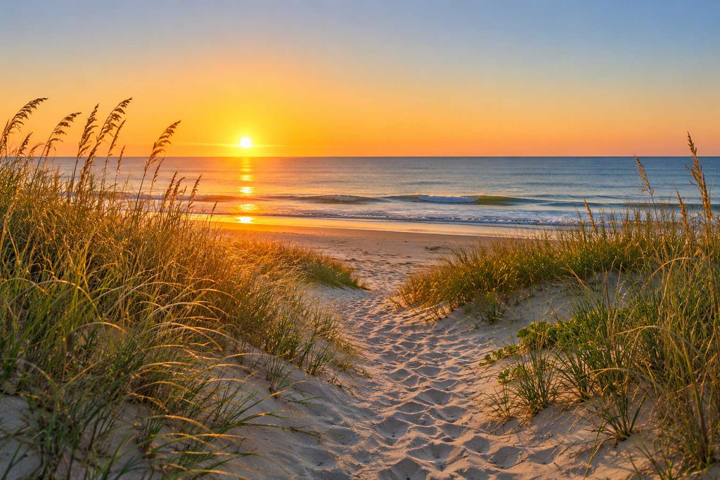 Sandy path through dune grass toward the ocean at sunrise, representing recovery